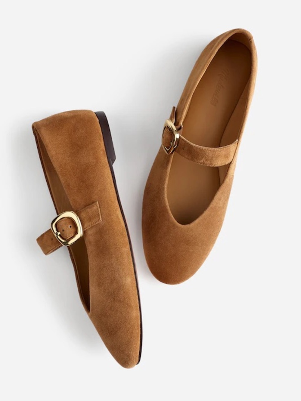 Madewell Suede Mary Jane Flats in Camel Brown with Gold Buckle